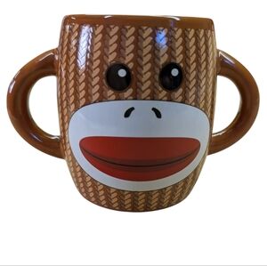 Sock Monkey Face Mug Double Handle Brown Red White 4" Tall